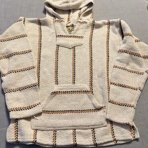 Vintage Baja Joe Drug Rug Hoodie Pullover Mexican Blanket Sweater Large Boho